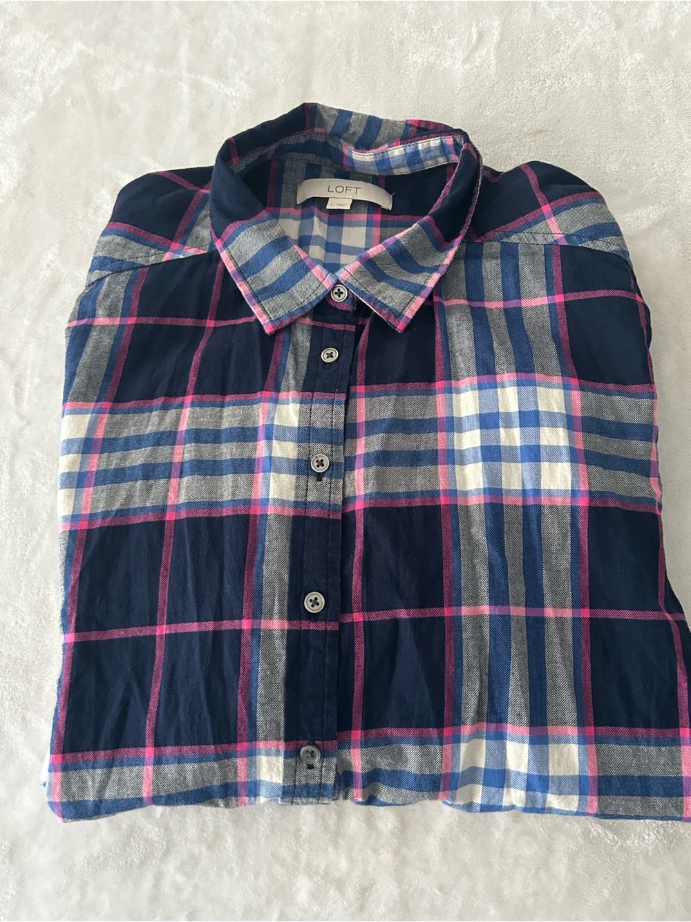 LOFT Button-Up Navy Pink Gray Plaid Long Sleeve Shirt Women’s Large